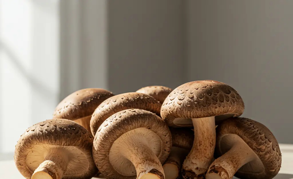 An artfully arranged collection of fresh, whole shiitake mushrooms is presented on a minimalist wooden background, visually representing the concept of shiitake mushroom in chinese.