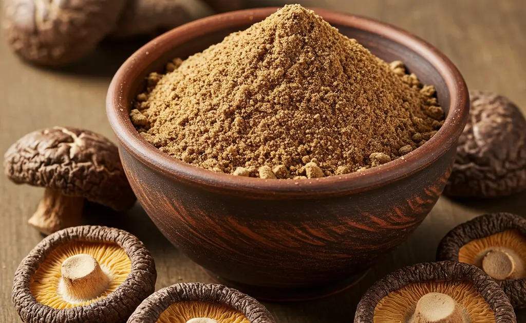 A finely ground shiitake mushroom powder is elegantly displayed in a small, rustic ceramic bowl, surrounded by whole dried shiitake mushrooms on a textured wooden surface, under soft natural light.