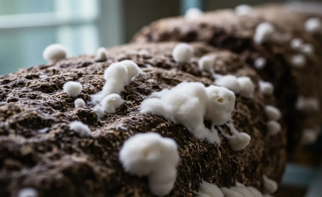 A detailed close-up photograph captures healthy, white shiitake mushroom spawn actively colonizing a dark hardwood log, ready for successful home cultivation.
