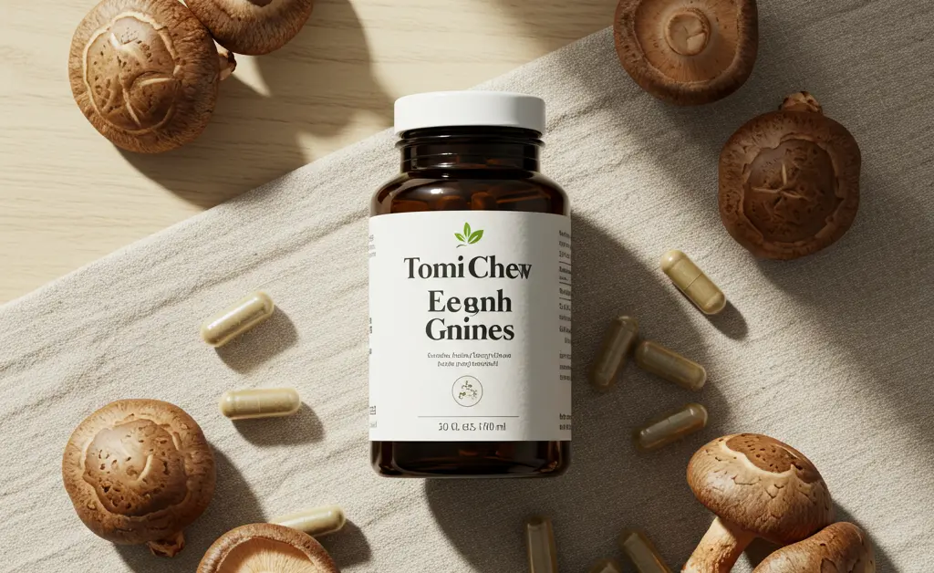 A flat lay photo presents a clean, modern bottle of **shiitake mushroom supplement** capsules alongside fresh, earthy shiitake mushrooms on a light wooden background, emphasizing natural health and origin.