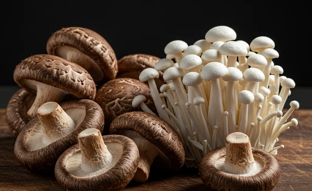 A visually balanced composition showcasing the distinct characteristics of shiitake mushroom vs baby bella mushrooms, arranged artfully on a rustic wooden surface.