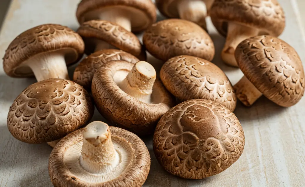 A clear visual comparison between shiitake mushroom vs cremini is presented side-by-side on a natural wooden surface, highlighting their distinct textures and colors.