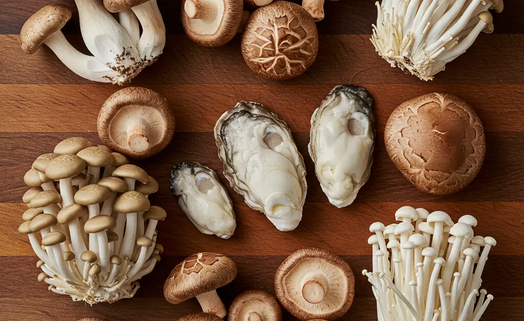 This editorial flat lay showcases fresh shiitake mushrooms arranged alongside other popular mushroom varieties on a rustic wooden cutting board, visually illustrating the distinct characteristics when considering a shiitake mushroom vs other types.