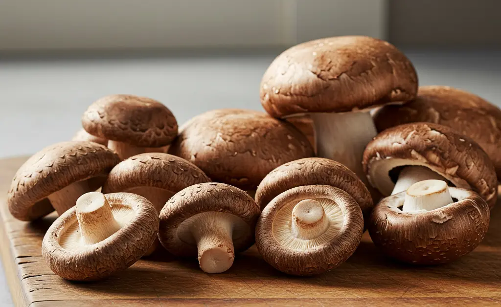 A carefully arranged side-by-side comparison on a rustic wooden cutting board illustrates the visual distinctions between shiitake mushroom vs portabella, emphasizing their unique caps and textures.