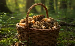 A basket brimming with freshly gathered morel mushrooms, representing The Fastest Way to Find Morel Mushrooms!