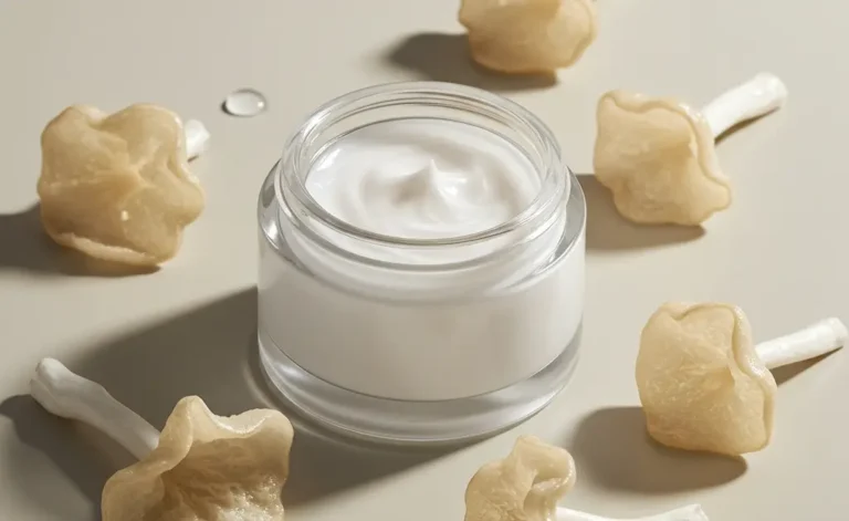 A sleek, minimalist jar of tremella mushroom cream is artfully arranged on a smooth, light-colored stone, surrounded by delicate, translucent tremella mushrooms and subtle hints of dewy green leaves, emphasizing natural skincare and deep hydration.