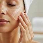 A woman with radiant skin gently applies a translucent tremella mushroom face mask, emphasizing hydration and natural self-care.