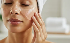 A woman with radiant skin gently applies a translucent tremella mushroom face mask, emphasizing hydration and natural self-care.