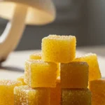 A small, inviting pile of naturally colored tremella mushroom gummies are artfully arranged on a clean, light-colored wooden surface, illuminated by soft natural light.