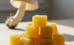 A small, inviting pile of naturally colored tremella mushroom gummies are artfully arranged on a clean, light-colored wooden surface, illuminated by soft natural light.