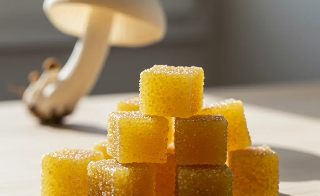 A small, inviting pile of naturally colored tremella mushroom gummies are artfully arranged on a clean, light-colored wooden surface, illuminated by soft natural light.