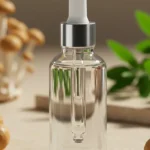 A close-up shot of a clear glass dropper bottle containing a tremella mushroom serum against a soft, naturally lit botanical background, highlighting its natural origin and skin hydration benefits.