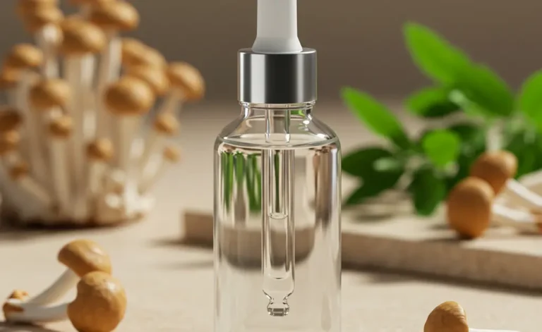 A close-up shot of a clear glass dropper bottle containing a tremella mushroom serum against a soft, naturally lit botanical background, highlighting its natural origin and skin hydration benefits.