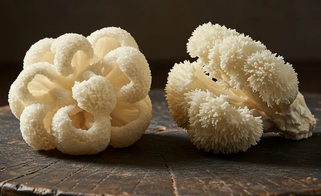 An editorial photograph beautifully contrasts the distinct appearances of tremella mushroom vs lion's mane, displayed side-by-side on a rustic, dark wooden surface under soft, natural light.