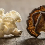 A detailed comparison photo visually distinguishes tremella mushroom vs snow fungus, highlighting their unique textures and forms side-by-side on a rustic wooden surface.
