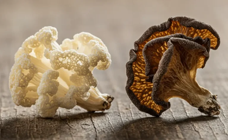 A detailed comparison photo visually distinguishes tremella mushroom vs snow fungus, highlighting their unique textures and forms side-by-side on a rustic wooden surface.