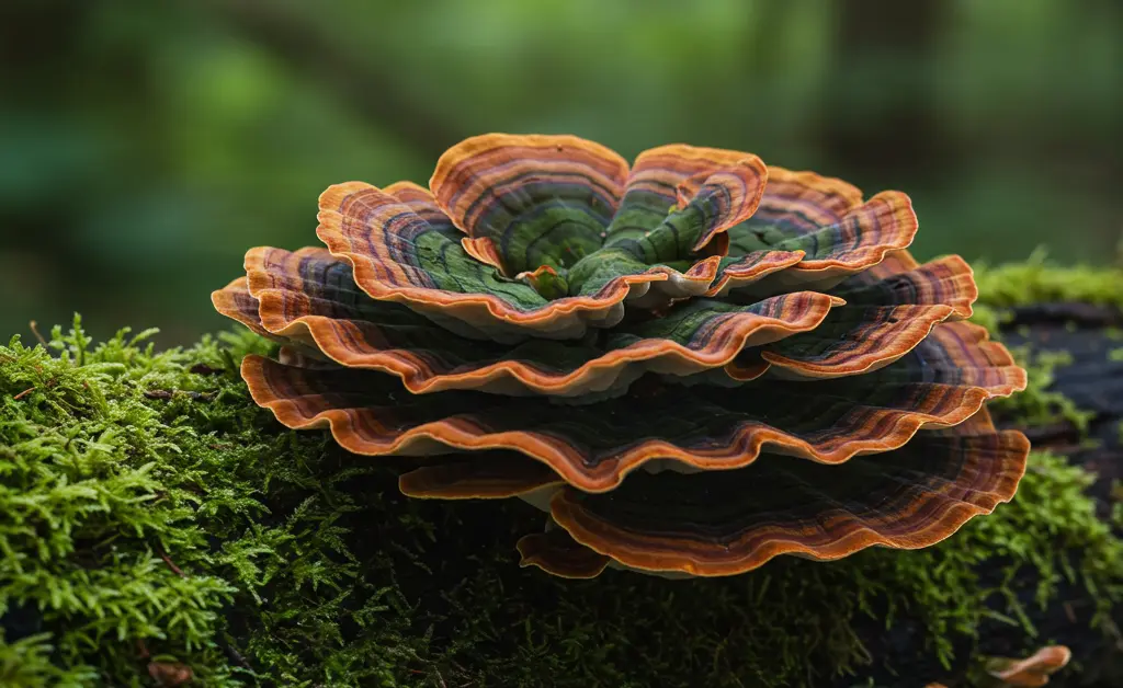 A visually striking close-up photograph captures the vibrant patterns of a turkey tail mushroom in chinese, highlighting its natural beauty and cultural significance.