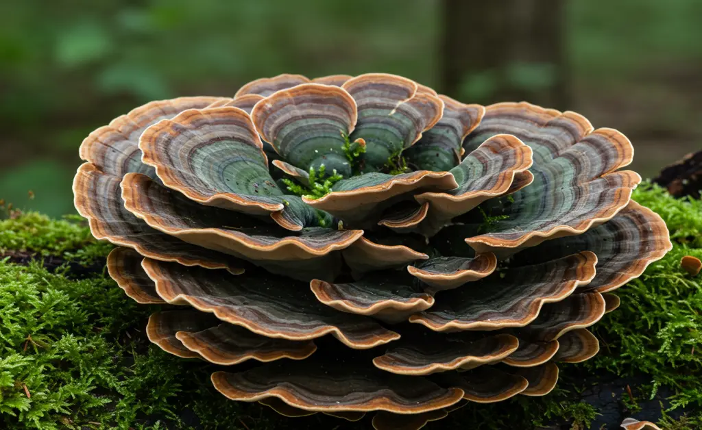 A detailed, vibrant photograph showcasing the unique layered structure of the Trametes versicolor mushroom, commonly asked about as turkey tail mushroom para que sirve, growing on a mossy forest log.