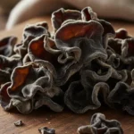 A close-up studio shot showcasing the unique texture of dried wood ear mushrooms, providing visual context for what does wood ear mushroom taste like.