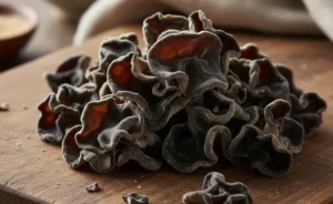 A close-up studio shot showcasing the unique texture of dried wood ear mushrooms, providing visual context for what does wood ear mushroom taste like.