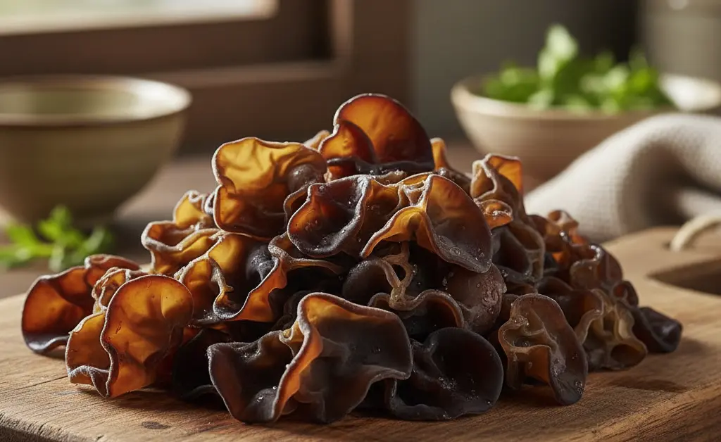 A close-up view reveals the unique, gelatinous texture of wood ear mushrooms, illustrating what is wood ear mushroom in its natural, edible form.
