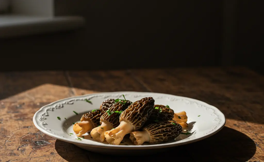 A thoughtful person considers the question, Why cant you eat morels with alcohol?, while looking at a plate of carefully prepared morel mushrooms beside a glass of wine.