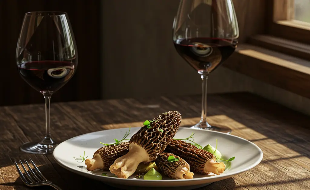 A visually appealing culinary scene exploring why cant you eat morels with alcohol, featuring a plate of cooked morels next to a glass of wine, with soft natural light.