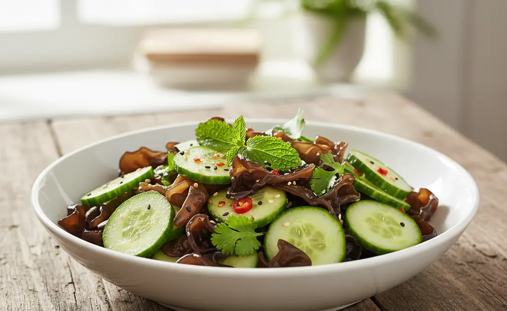 A beautifully plated wood ear mushroom and cucumber salad recipe, showcasing fresh ingredients and vibrant colors.