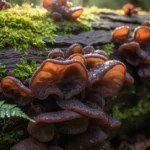 A close-up shot showcasing the distinct wood ear mushroom appearance, highlighting its gelatinous, ear-like shape against a natural forest floor.
