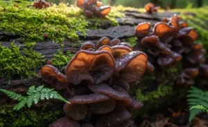A close-up shot showcasing the distinct wood ear mushroom appearance, highlighting its gelatinous, ear-like shape against a natural forest floor.