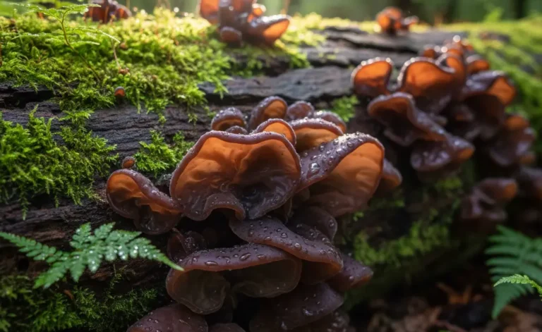 A close-up shot showcasing the distinct wood ear mushroom appearance, highlighting its gelatinous, ear-like shape against a natural forest floor.