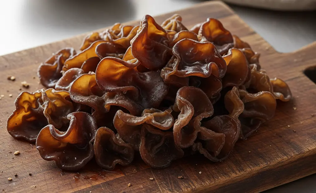 A detailed close-up showcases the intricate textures of wood ear mushrooms, highlighting the importance of understanding wood ear mushroom bacteria for safe consumption.