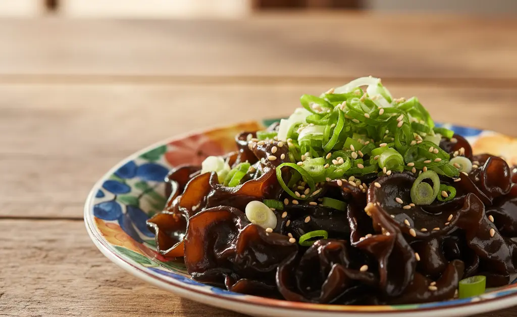 A beautifully presented plate of wood ear mushroom banchan recipe, showcasing its glossy texture and vibrant garnish.