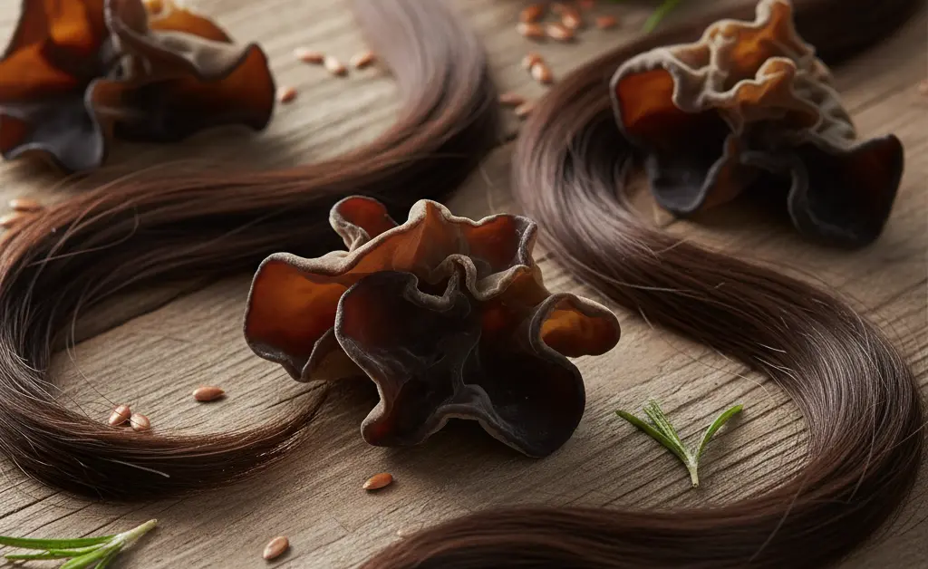 A visually appealing arrangement showcasing fresh wood ear mushrooms alongside elements symbolizing healthy hair growth, highlighting the wood ear mushroom benefits for hair.