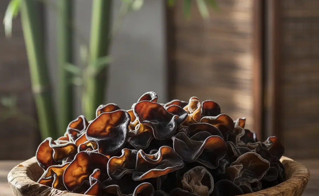 A beautifully arranged assortment of fresh wood ear mushrooms, highlighting the natural texture and deep color, showcasing the wood ear mushroom benefits tcm.