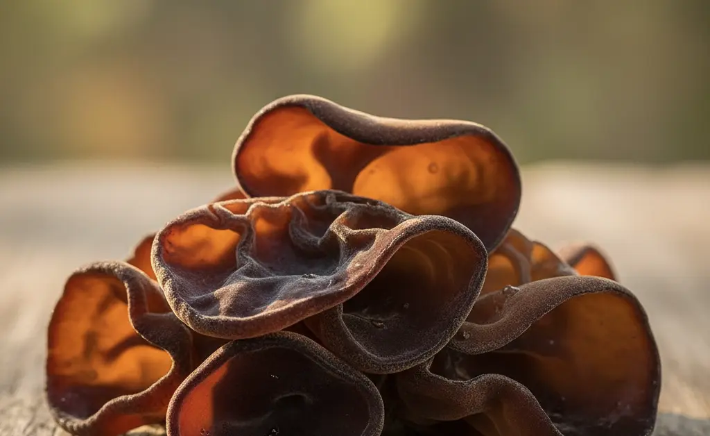 A close-up, visually appealing arrangement showcasing the unique texture of wood ear mushroom, hinting at its association with wood ear mushroom blood thinner properties.