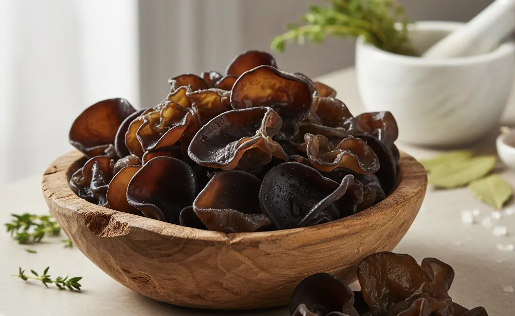 A detailed close-up image showcasing fresh wood ear mushrooms, highlighting their delicate texture and translucent appearance, illustrating a focus on wood ear mushroom calories.