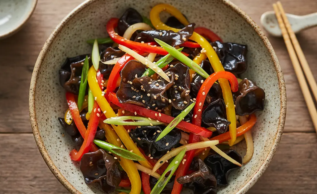 A vibrant and delicious wood ear mushroom chinese recipe showcased in a rustic ceramic bowl, ready to be served.