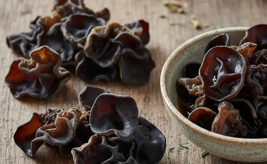 A close-up, photorealistic shot showcases the transformation of dried wood ear mushroom into rehydrated, gelatinous, ear-shaped fungi, highlighting their unique texture and culinary appeal.