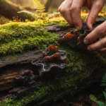 A detailed close-up shot captures the essence of successful wood ear mushroom foraging, showcasing a cluster of these unique fungi.