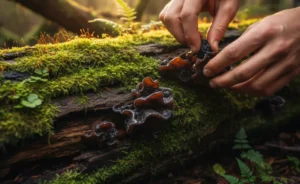 A detailed close-up shot captures the essence of successful wood ear mushroom foraging, showcasing a cluster of these unique fungi.