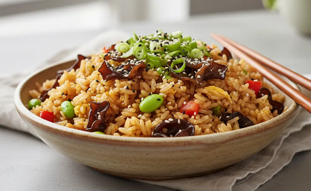 A close-up, overhead shot showcases the vibrant textures and colors of a wood ear mushroom fried rice recipe, artfully arranged in a rustic bowl with fresh garnishes.