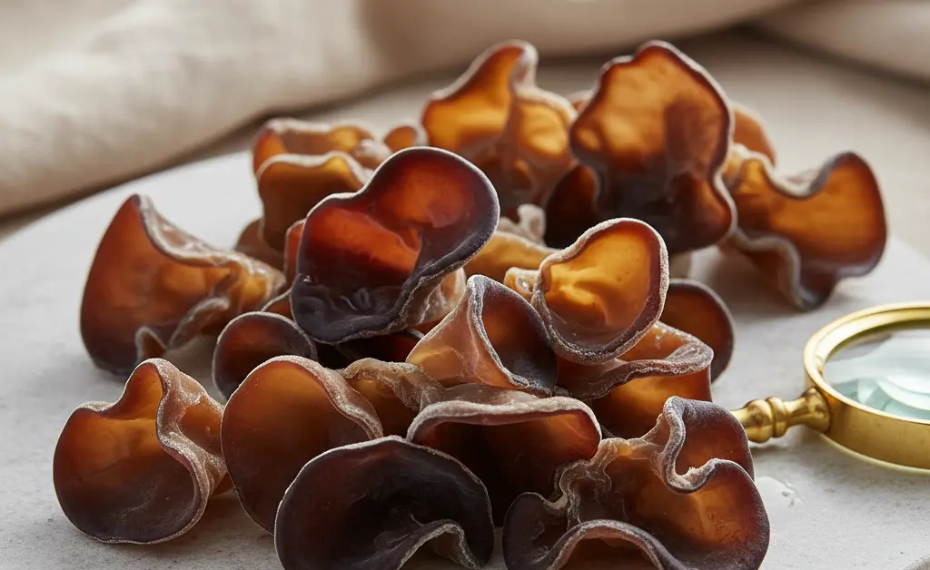 A close-up, artfully arranged display showcasing the delicate texture of wood ear mushroom next to a simple, clean representation suggesting the concept of wood ear mushroom gout management.