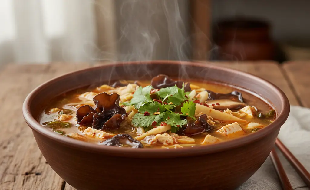 A vibrant, steaming bowl of authentic wood ear mushroom hot and sour soup recipe, garnished with fresh cilantro and chili flakes.