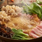 A steaming bowl featuring a delicious wood ear mushroom hot pot recipe, showcasing fresh vegetables and broth.