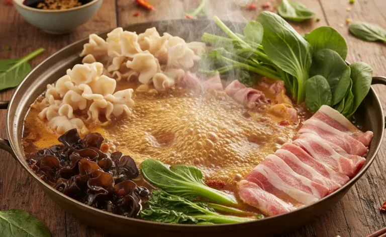 A steaming bowl featuring a delicious wood ear mushroom hot pot recipe, showcasing fresh vegetables and broth.