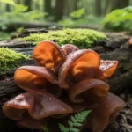 A detailed close-up for wood ear mushroom identification showcases its wavy, ear-like shape and dark brown color attached to damp wood.