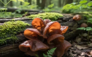 A detailed close-up for wood ear mushroom identification showcases its wavy, ear-like shape and dark brown color attached to damp wood.