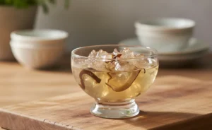 A visually appealing serving of wood ear mushroom jelly in a clear bowl, showcasing its unique texture.