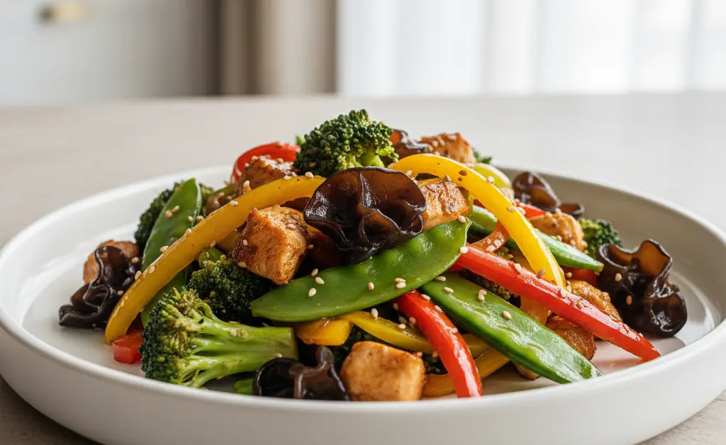 A beautifully plated keto-friendly stir-fry featuring vibrant vegetables and wood ear mushroom keto.